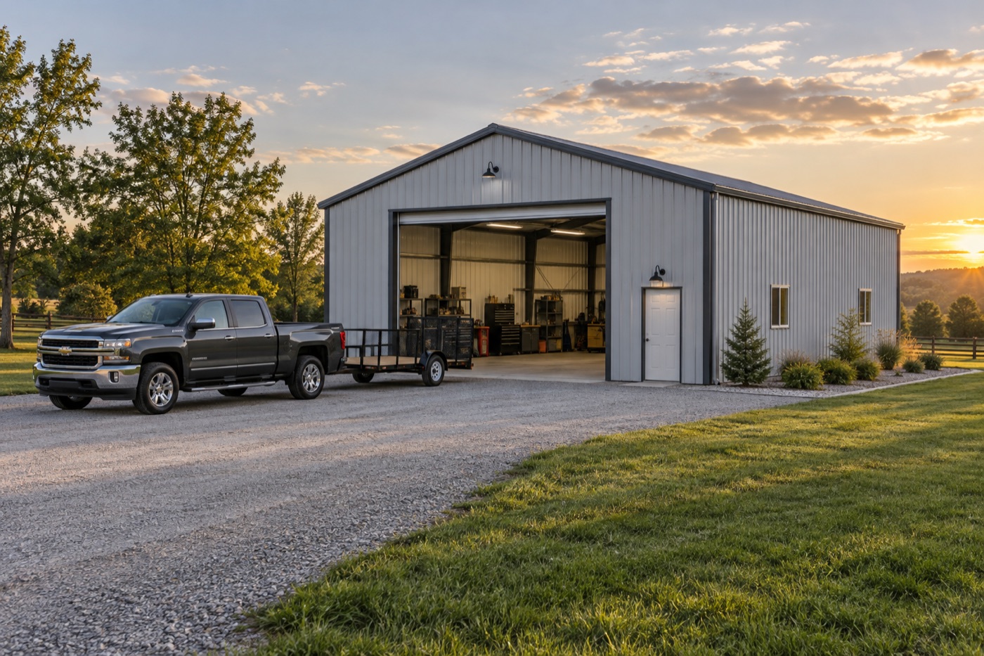 Metal garage with a pickup truck showing the scale of the building