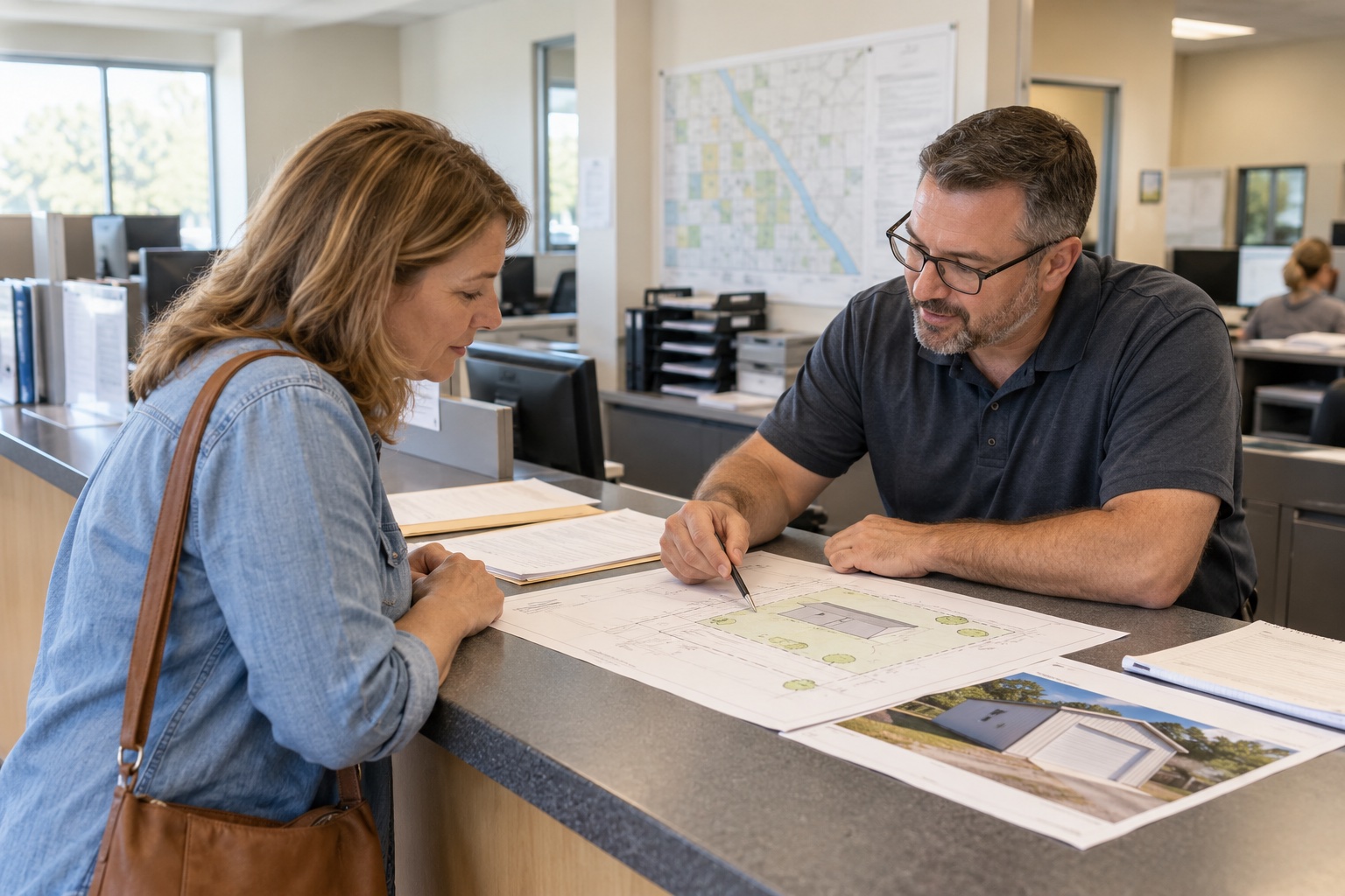 Illustrative homeowner reviewing a proposed building site plan with a local permit official
