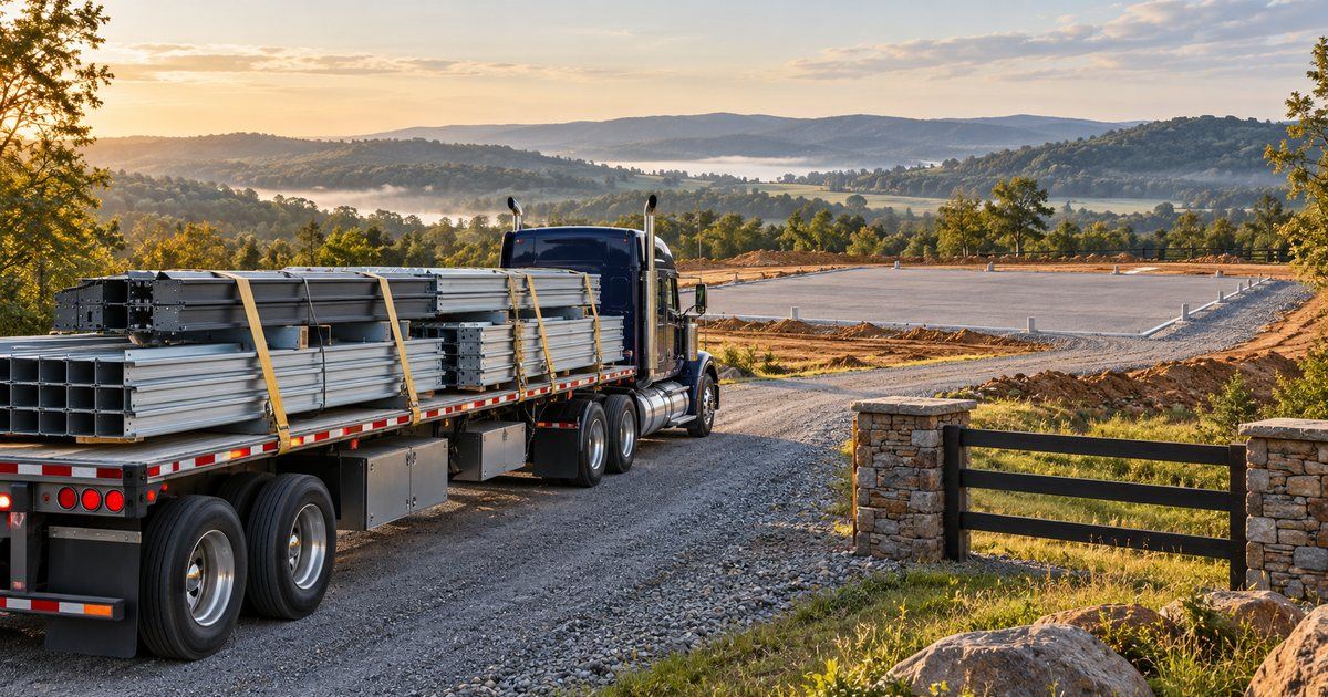 Illustrative flatbed delivery of metal building components to a prepared rural building site