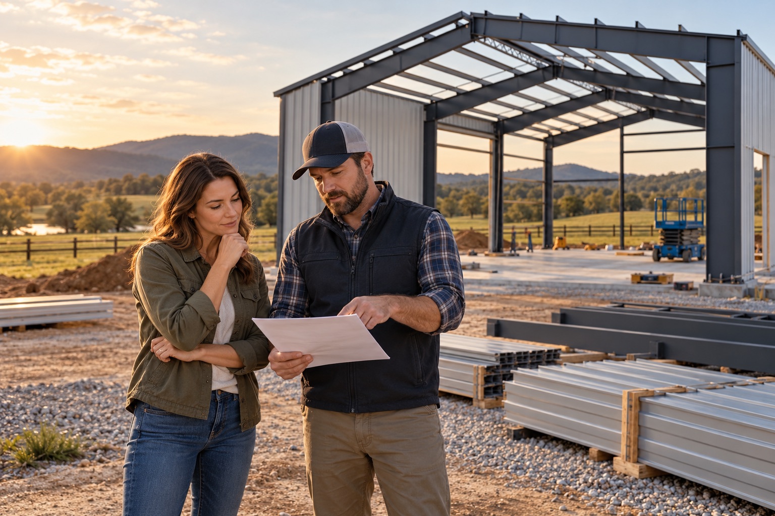Illustrative property owner and provider reviewing project scope beside a metal building frame