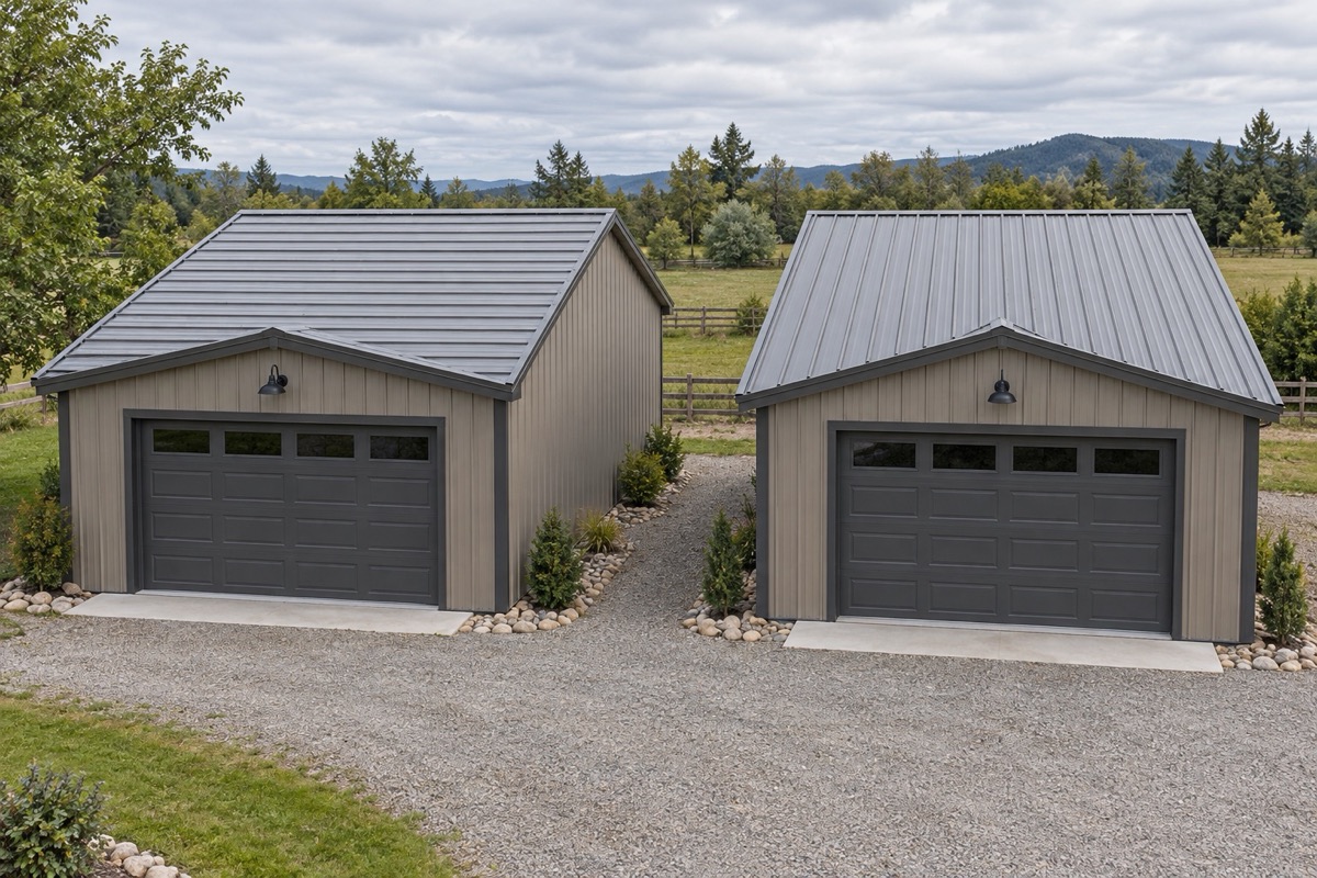 Two illustrative metal garages showing horizontal and vertical roof-panel directions
