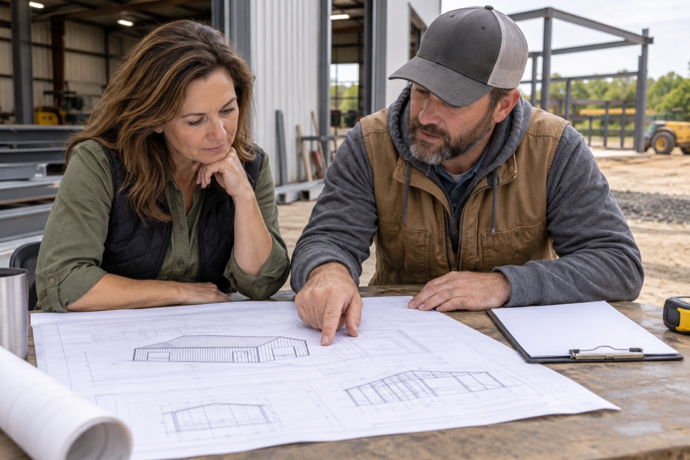 Property owner reviewing metal building plans with a provider