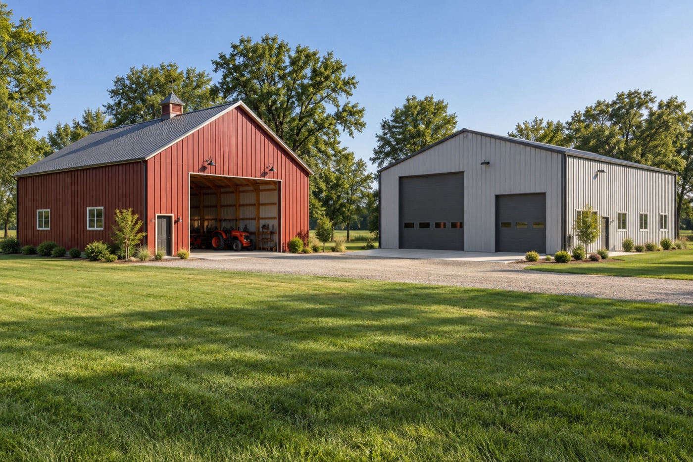 Metal-clad steel-frame workshop beside a post-frame barn on a rural property